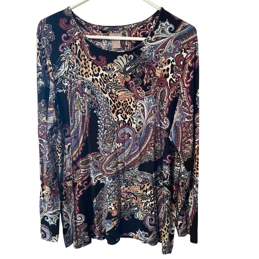 Chicos Womens Sz 2 Large Mixed Print Paisley Leopard Long Sleeve Top Black Multi